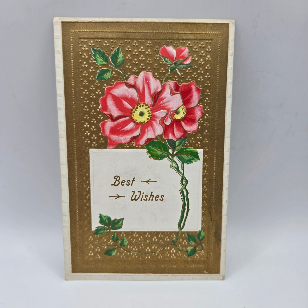 Antique Best Wishes Postcard Pink Floral Gold Embossed Made in Germany
